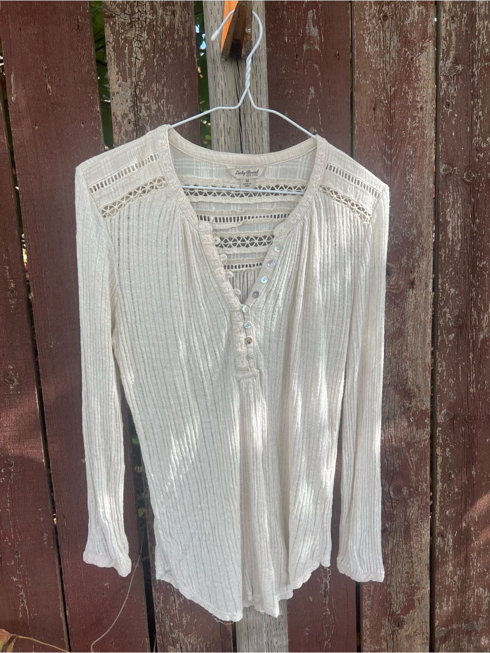 Lucky Brand Cream Ribbed Lace-Trim Henley Long Sleeve Top